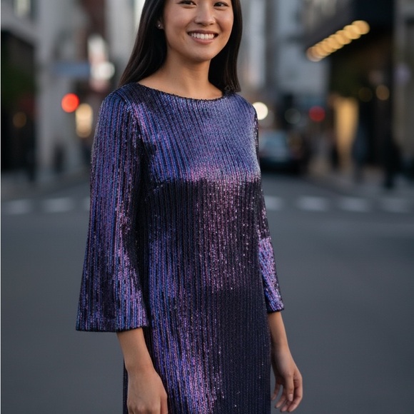 Trina Turk Shimmering Blue Pink Purple Long Bell Sleeve Shift Dress Sz 4 - Picture 1 of 9
